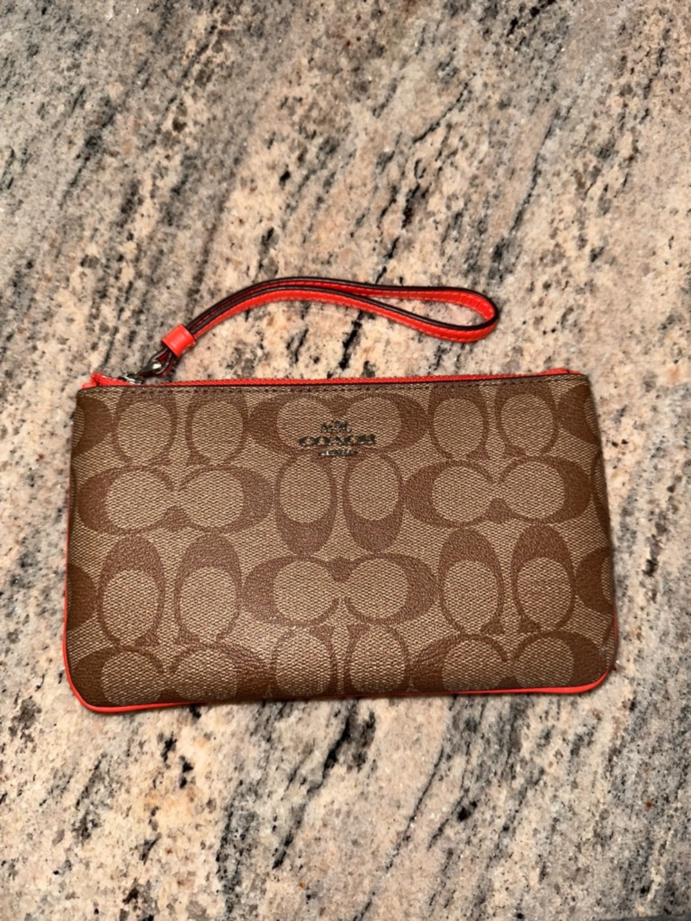 Coach Brown Signature Canvas Wristlet with Orange Trim
